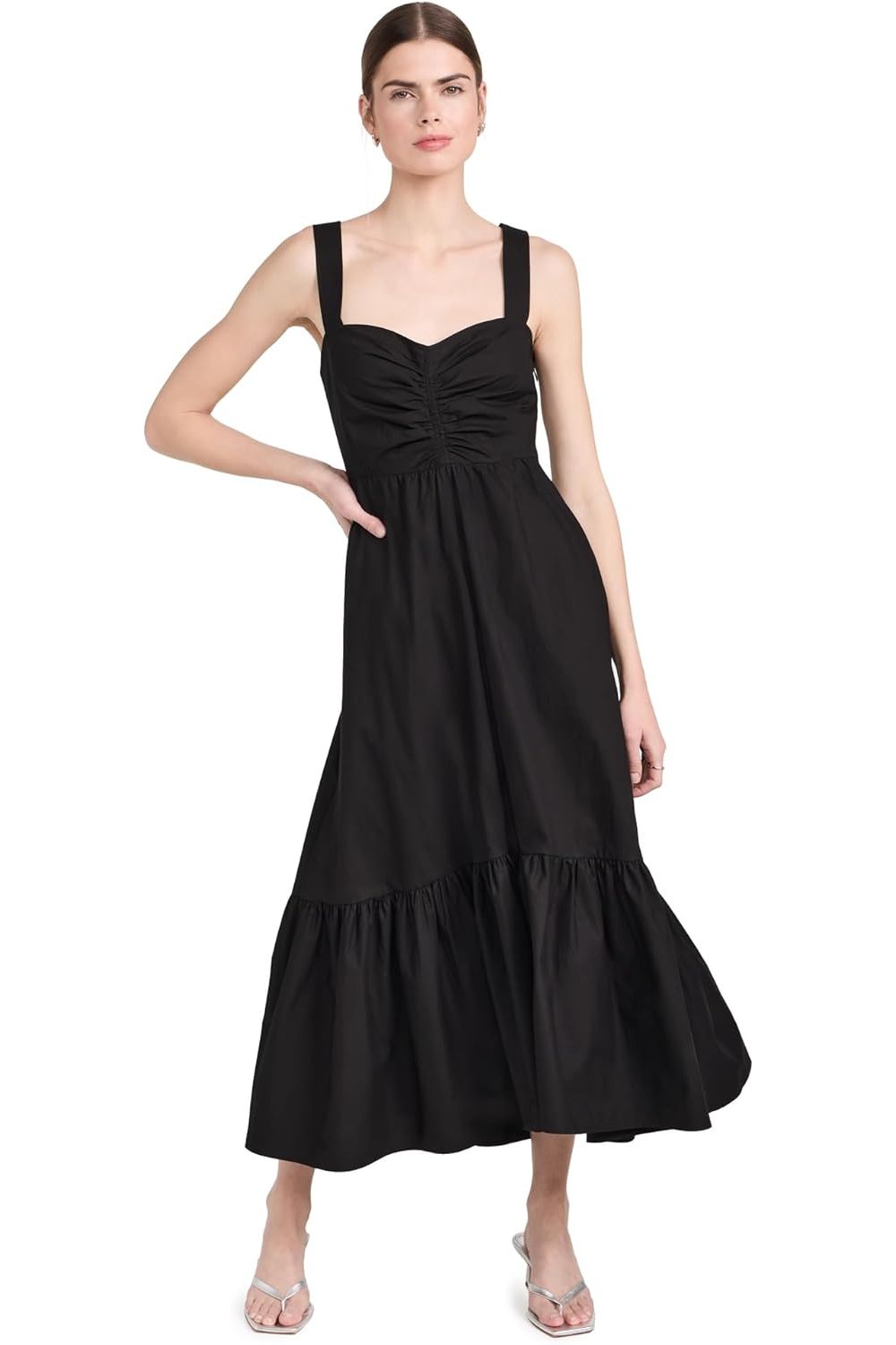 ALC Women's Lilah Midi Dress – Ruched Cotton, Flounce Hem, Black