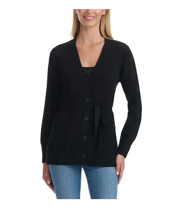 Splendid Women's Belted Button Front Long Sleeve Cardigan with Pockets (US, Alpha, Medium, Regular, Regular, Black)