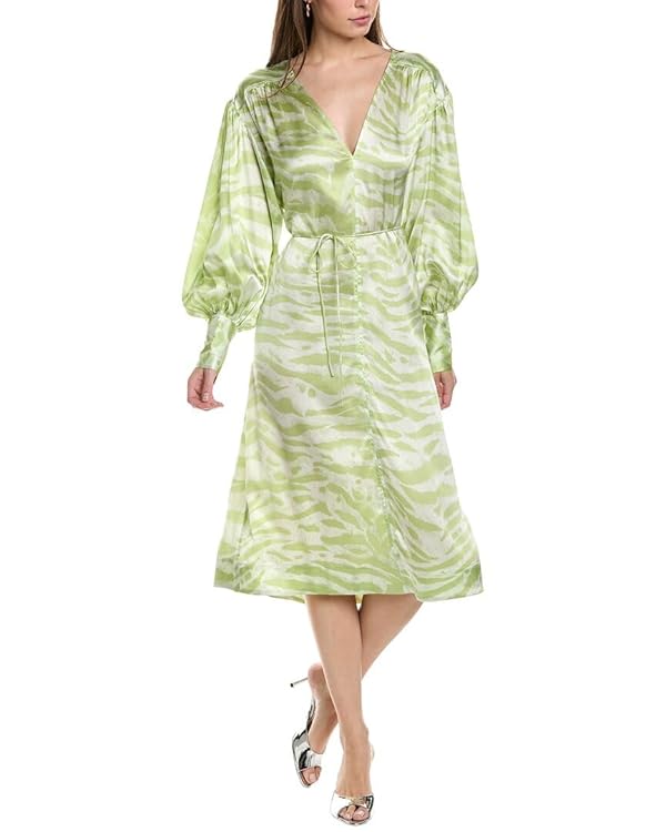 GANNI Womens Drop-Shoulder V-Neck Silk-Blend Maxi Dress, 38, Green