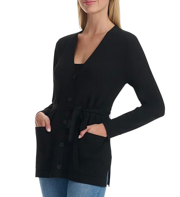 Splendid Women's Belted Button Front Long Sleeve Cardigan with Pockets (US, Alpha, Medium, Regular, Regular, Black)