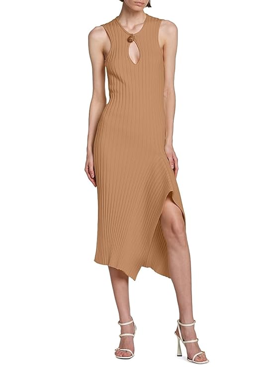 Asymmetric Rib-Knit Cotton Midi-Dress