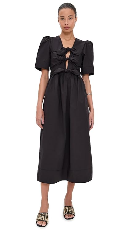 Ganni Women's Stretch Cotton Tie Strap Midi Dress