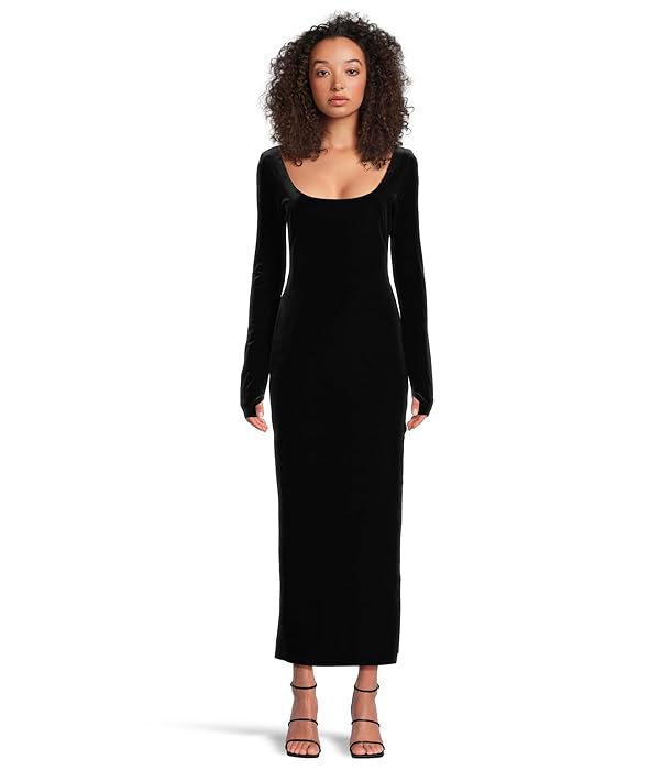 Norma Kamali Women's Long Sleeve Deep Scoop Neck Side Slit Gown