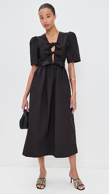 Ganni Women's Stretch Cotton Tie Strap Midi Dress