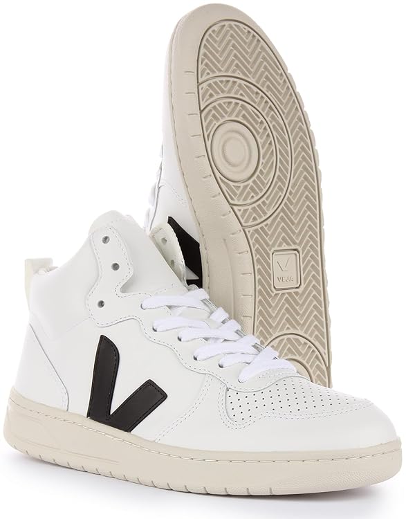 Veja V-15 Women's Lace Up Leather Trainers (White Black, 6 US)