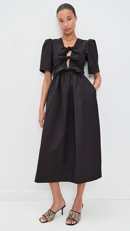 Ganni Women's Stretch Cotton Tie Strap Midi Dress