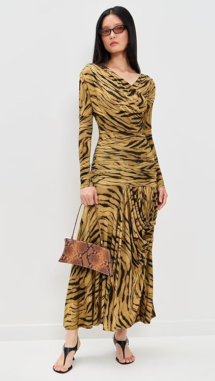 Ganni Women's Printed Shiny Jersey Ruched Long Dress