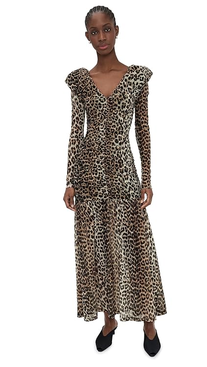 Ganni Women's Printed Mesh Long Ruched Dress