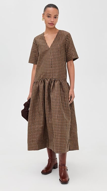 Ganni Women's Crinkled Taffeta Check Long Dress