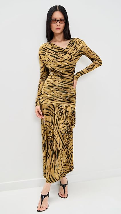 Ganni Women's Printed Shiny Jersey Ruched Long Dress
