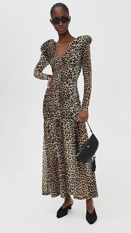 Ganni Women's Printed Mesh Long Ruched Dress