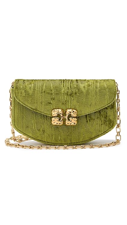 Ganni Women's Lulu Wallet On Chain Velvet Moire, Spinach Green, One Size