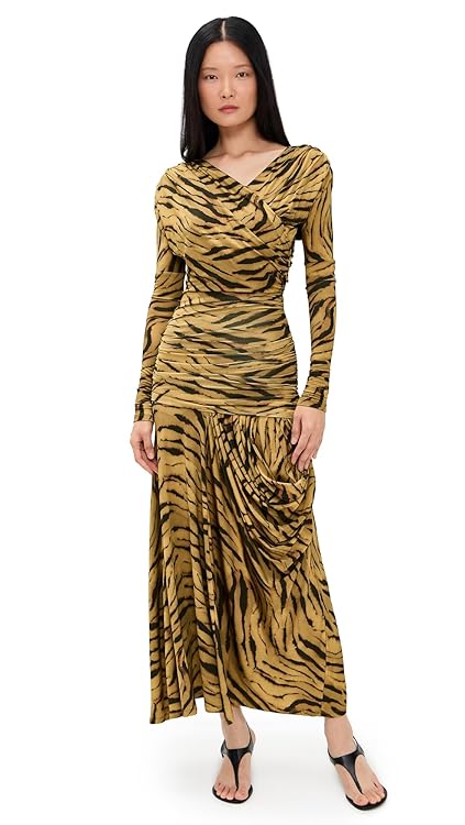Ganni Women's Printed Shiny Jersey Ruched Long Dress