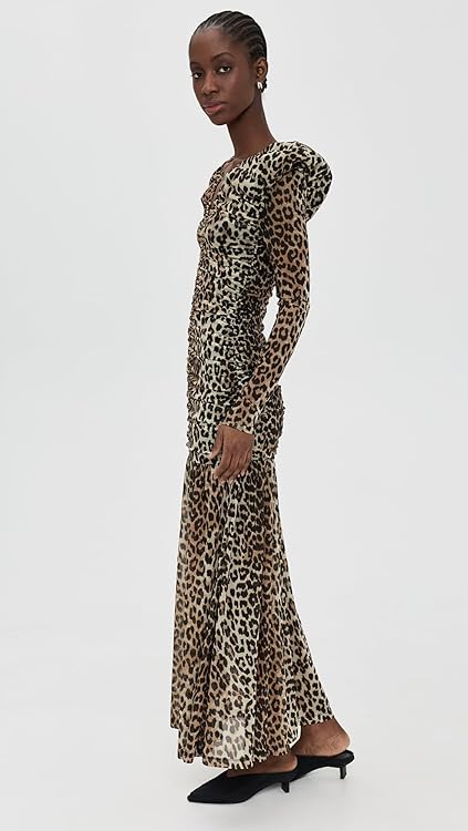 Ganni Women's Printed Mesh Long Ruched Dress