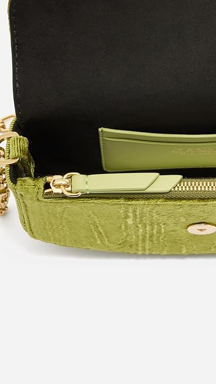 Ganni Women's Lulu Wallet On Chain Velvet Moire, Spinach Green, One Size