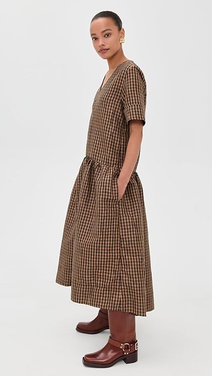 Ganni Women's Crinkled Taffeta Check Long Dress