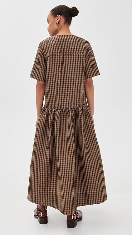 Ganni Women's Crinkled Taffeta Check Long Dress