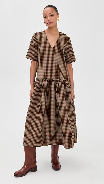 Ganni Women's Crinkled Taffeta Check Long Dress