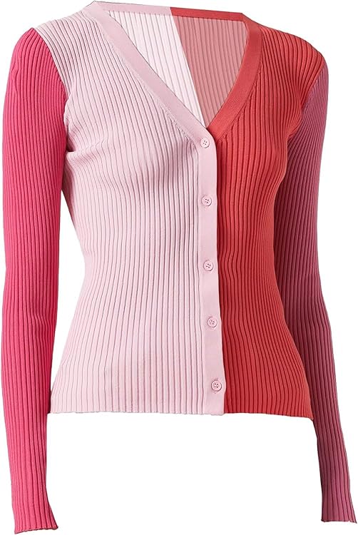 STAUD Women's Flamingo Pink Red Color Block Ribbed Knit V-Neck Cargo Sweater