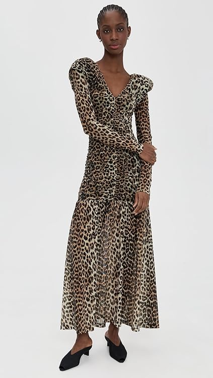 Ganni Women's Printed Mesh Long Ruched Dress