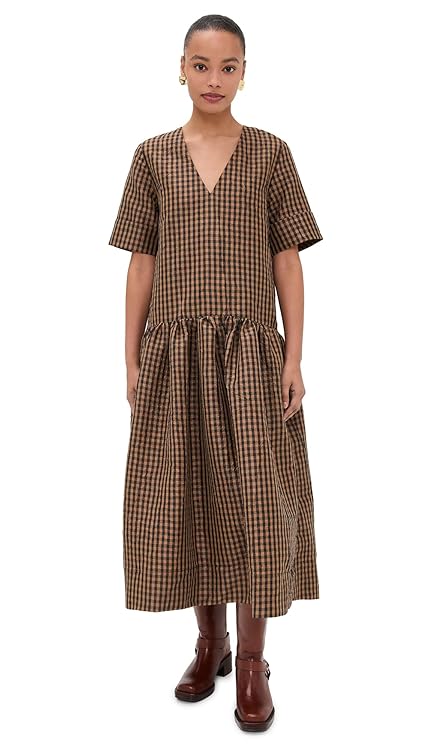 Ganni Women's Crinkled Taffeta Check Long Dress