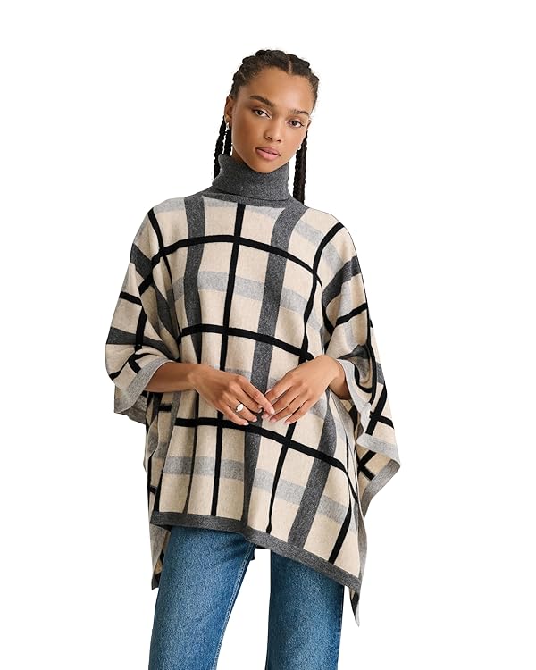 NAADAM Soft 100% Cashmere Plaid Jacquard Poncho, Cream/Dark Grey, OS Plus