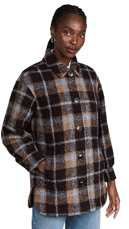 Madewell Belrose Shirt-Jacket in Cassel Plaid For Women - Classic Spread Collar and Long Sleeves With Hem Side Slits, Casual and Warm Shirt Jacket Devon Plaid Forage 2XL (Women's 18) One Size