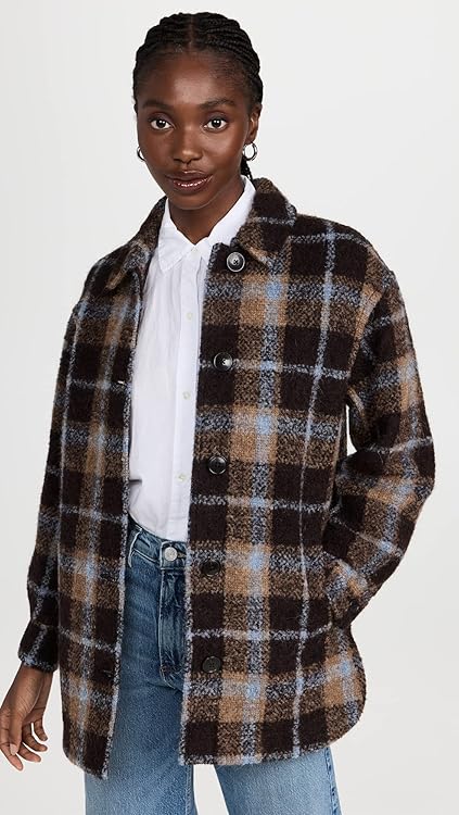 Madewell Belrose Shirt-Jacket in Cassel Plaid For Women - Classic Spread Collar and Long Sleeves With Hem Side Slits, Casual and Warm Shirt Jacket Devon Plaid Forage 2XL (Women's 18) One Size