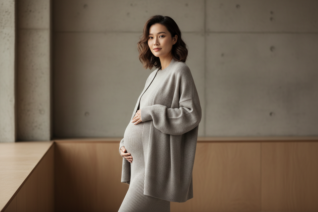Asian woman 9 months pregant in greige oversized cashere cardigan with matching skirt, netutral elevated background