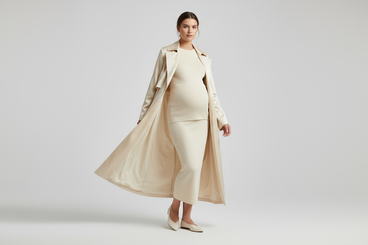 Pregnant woman wearing Longline trench coat open over monochrome bump-friendly outfit.
