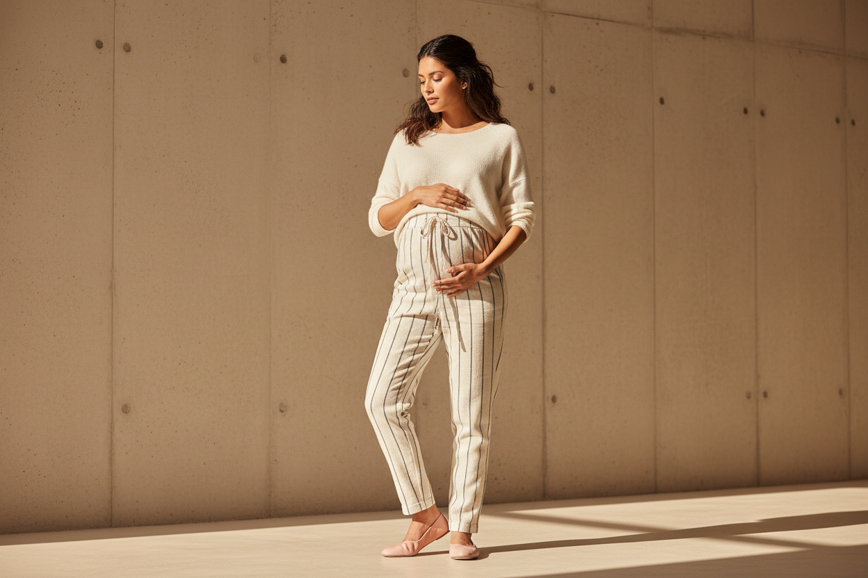 Woman olive skin (could be mexican) 6 months pregant, elevated in drawstring striped panst and cahsmere knit on top, ballerinas in fee, backgroudn eleavted and neutral